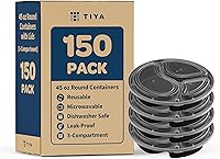 Vista 1 de TIYA - Contenedores de comida a granel de 45 onzas, paquete de 150 con tapas, recipientes redondos de 3 compartimentos para llevar, reutilizables