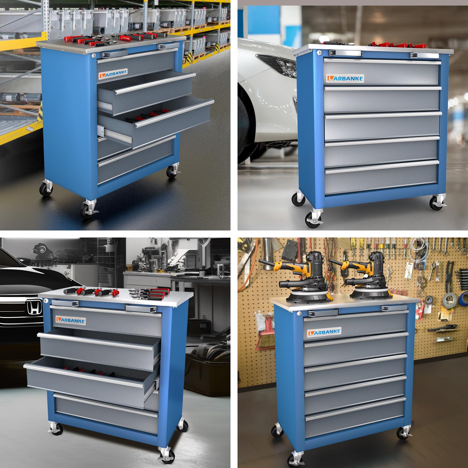 LARBANKE Cassettiera portautensili a 5 cassetti, armadietto portautensili in metallo con rivestimento per cassetti, tappetino antiscivolo in cotone perlato, ruote a 360° per un facile spostamento, può