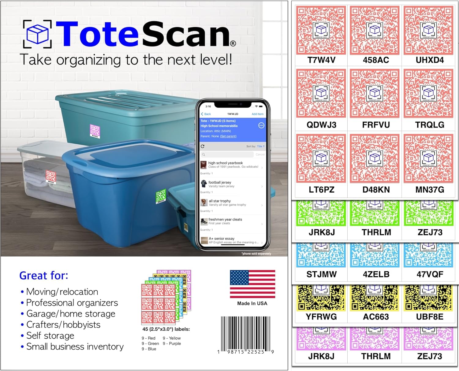 ToteScan Intelligent QR Labels for Organization/Moving/Storage (45 Unique Labels, 2.5"x3") Multi-Color (red/Green/Blue/Yellow/Purple) (Multi-Color)