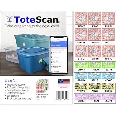 ToteScan Intelligent QR Labels for Organization/Moving/Storage (45 Unique Labels, 2.5"x3") Multi-Color (red/Green/Blue/Yellow/Purple) (Multi-Color)