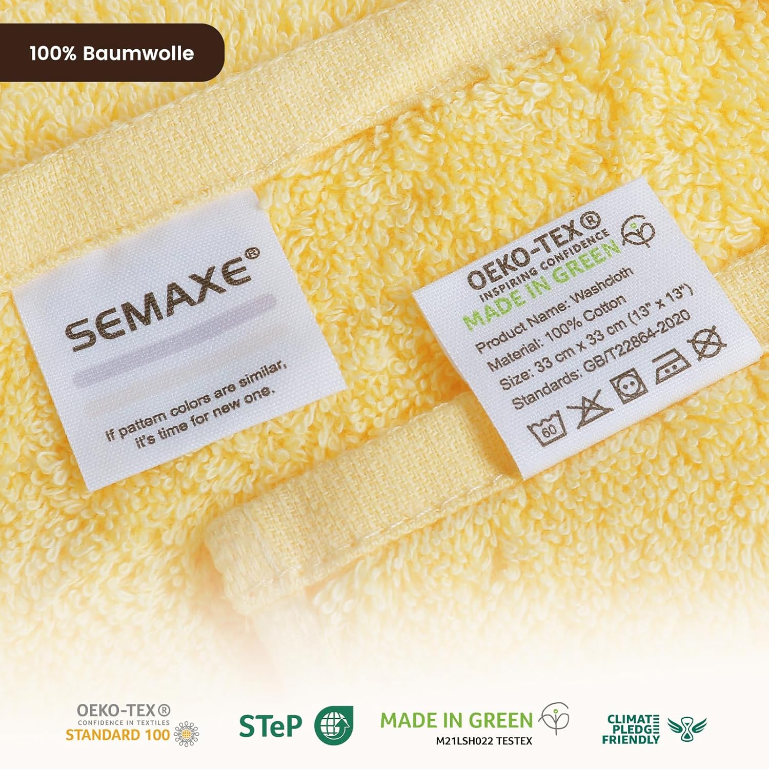 SEMAXE 100% Cotton Washcloths 12-Pack, 13 × 13 Inch Soft Yellow Face Towels – Super Absorbent & Quick-Dry, Premium Cloth with Hanging Loop, Oeko-TEX Certified, Gift-Ready Box - Image 3