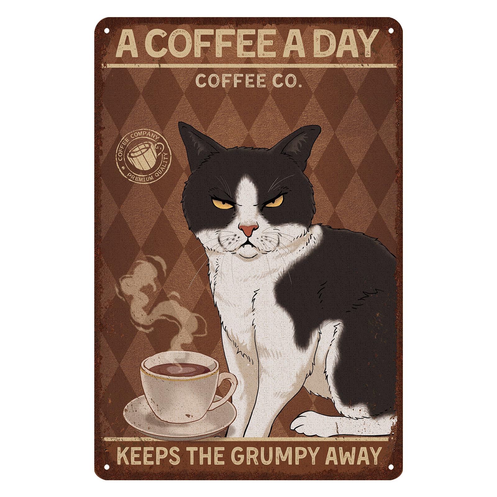 Retro Cat Metal Sign Vintage Coffee Bar Tin Signs Funny Kitchen Wall Decor - a coffee a day coffee co. keeps the grumpy away