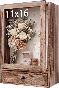 Deep Shadow Box Frame 11x16, 4" Depth Display Case with Drawer, Rustic Solid Wood Memory Box with Acrylic Door for Wedding Bouquet, Medals, Memorial Photos, Keepsakes, Wall or Tabletop