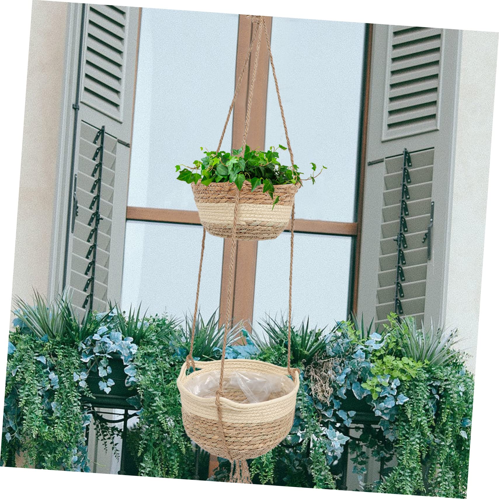 Luxshiny Cesto Appeso a Doppio Livello Intrecciato in Materiale Composito per Fiori e Piante, per Giardino e Soggiorno, Design Salvaspazio e Resistente
