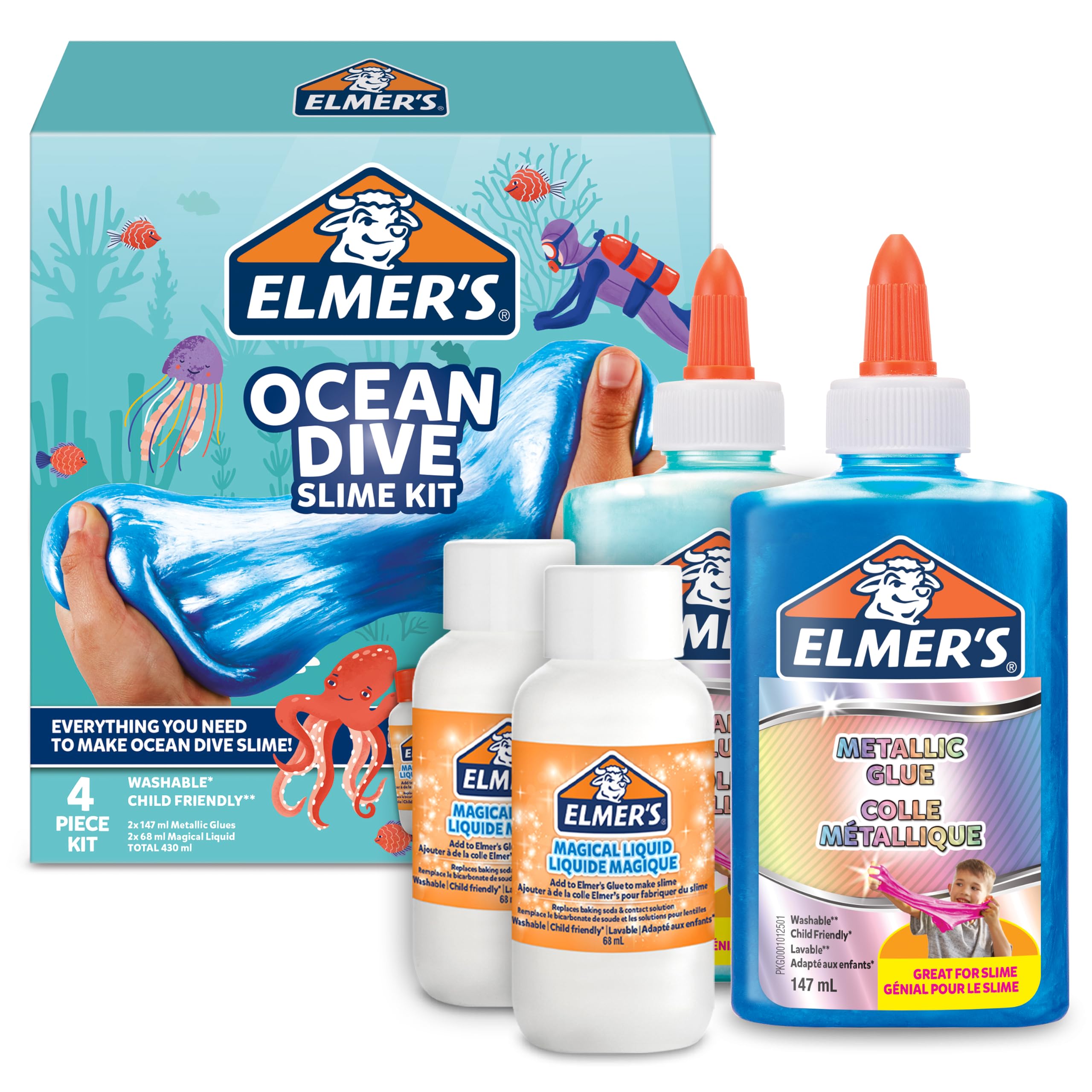Elmer’s Ocean Dive Slime Kit with PVA Glue & Activator, 4 Piece, Metallic Slime Making Kit for Girls & Boys, Metallic Glue, PVA Glue, Magical Liquid Activator, Washable & Kid Friendly