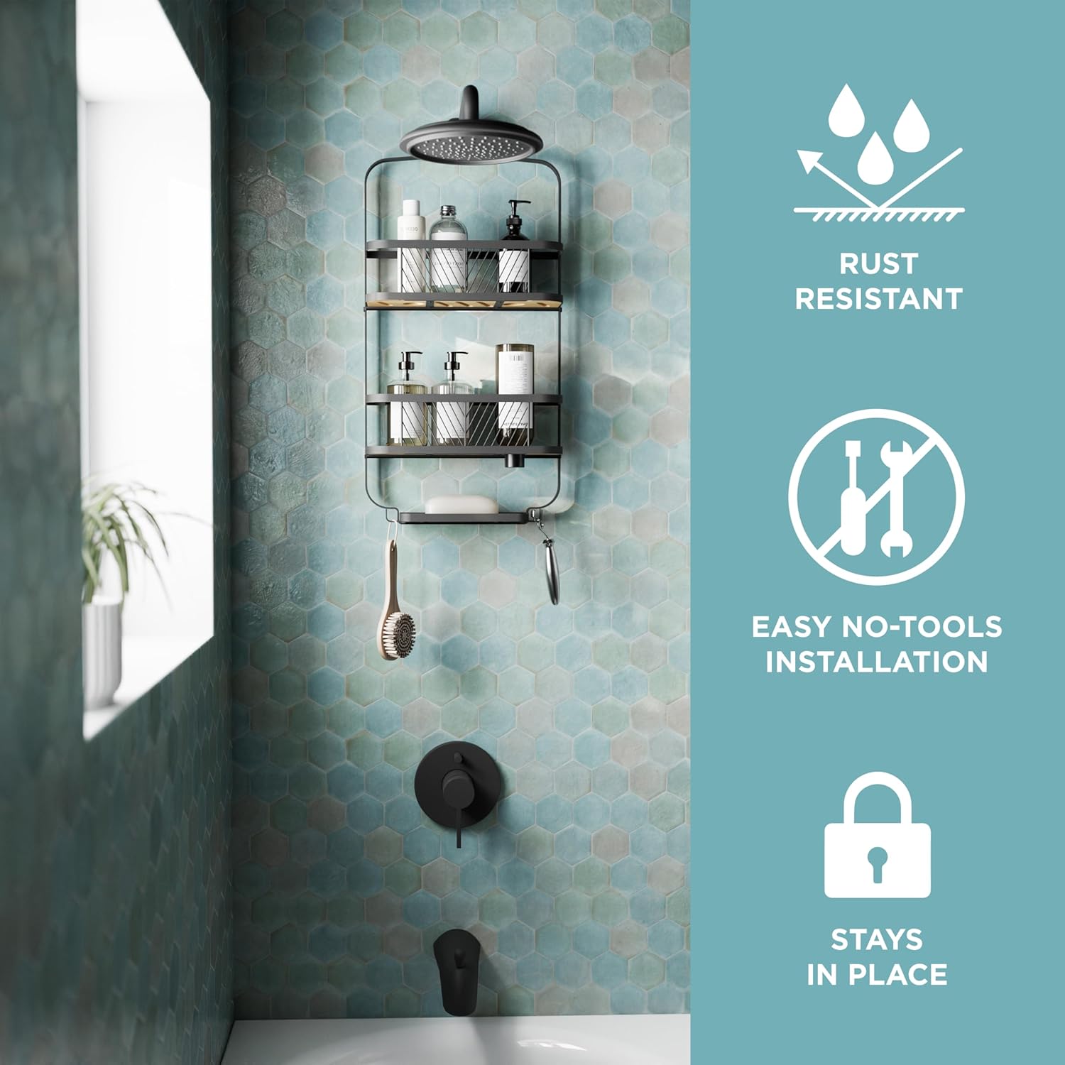 Zenna Home Hanging Shower Caddy, Over The Shower Head Caddy with 2 Bamboo Shelves and Soap Dish, Easy to Install Bathroom Hanging Organizer, Matte Black