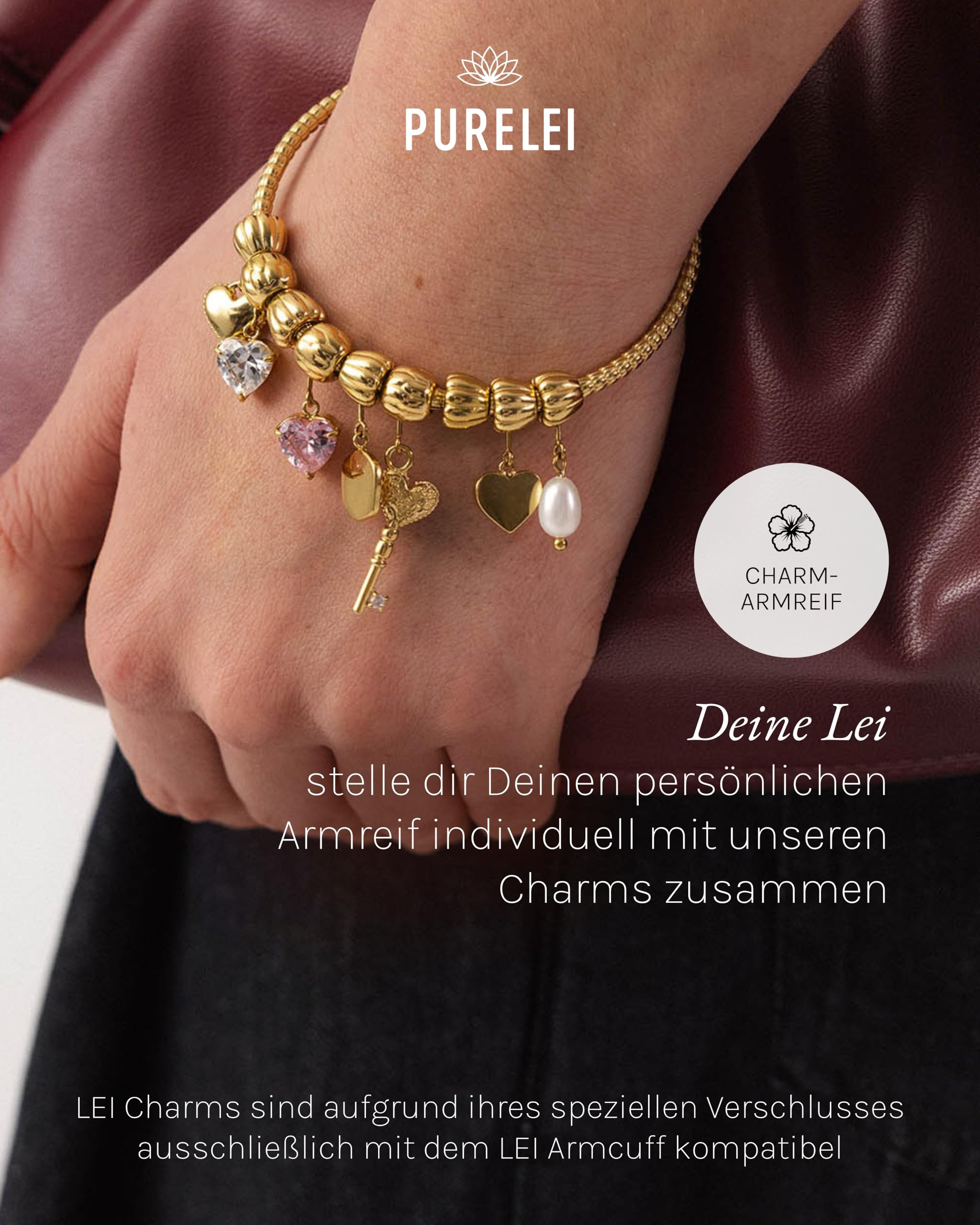 Purelei LEI Charm Armreif Damen S/M, wasserfestes Armband aus Edelstahl 14K vergoldet, Schmuckstück zum Kombinieren mit Stopper, Herz, Sonnenblume und Perle