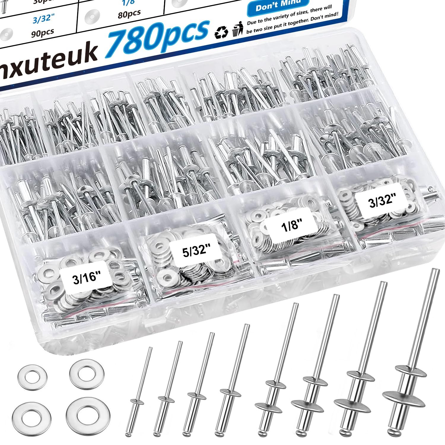 mxuteuk 780 Stück Pop Nieten mit Unterlegscheibe Sortiment Kit 14-Größen SAE Aluminium Nieten (3/32 Zoll1/8 Zoll5/32 Zoll3/16 Zoll1/4 Zoll) Assorted Blindnieten für Metall, Möbel, Automotive