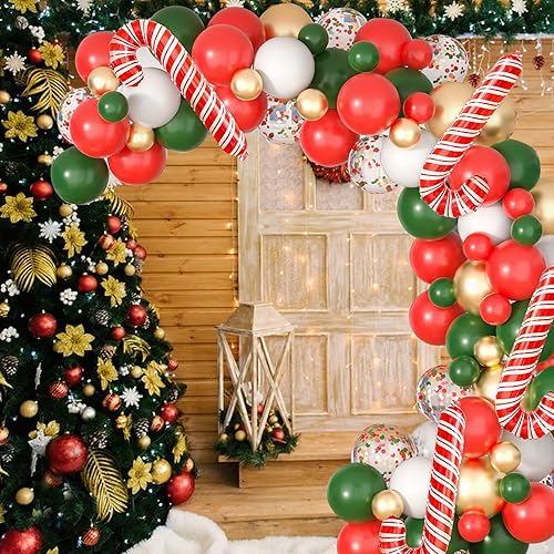 Miniatura 6 de RHGBINLI Kit de arco de guirnalda de globos de Navidad, 105 globos rojos, verdes, dorados y blancos con globos de bastón de caramelo para