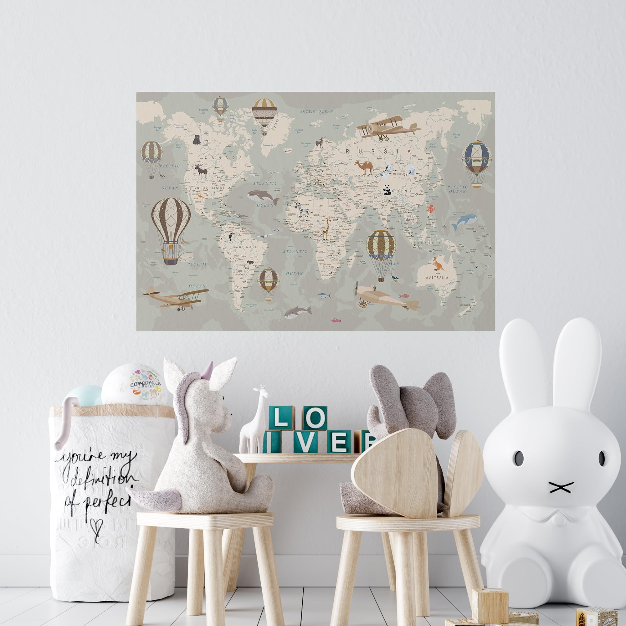 Kids Room Wallpaper – World Map Wallpaper with Animals - Nursery Wallpaper Peel and Stick – Kids Wall Murals for Girls Boys Baby – Wall Decal Stickers Waterproof Self Adhesive (35.43W x 23.62H)