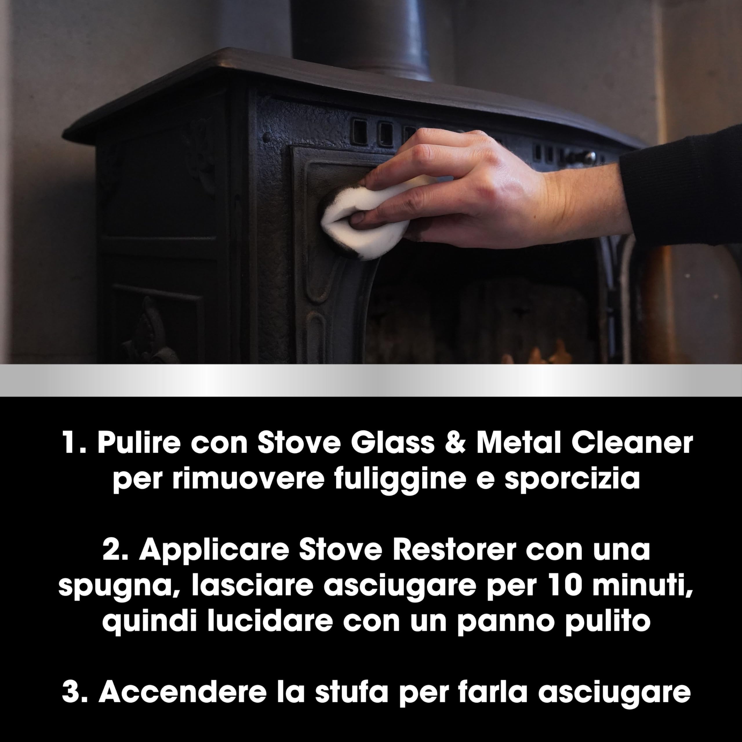 Furniture Clinic Kit per la cura della stufa - Pulisce e rinnova bruciatori a legna, grate e caminetti - Rimuove fuliggine e sporco - Per stufe in vetro e metallo - Detergente e lucidante