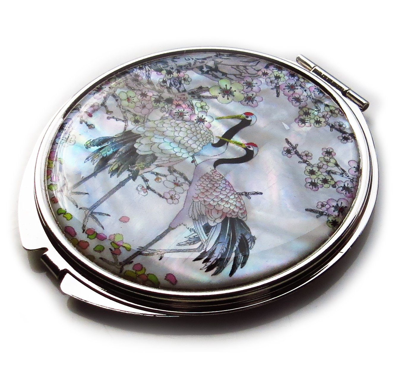 MADDesign Mother of Pearl Compact Mirror Round Double Sided Folding Magnify Crane Design