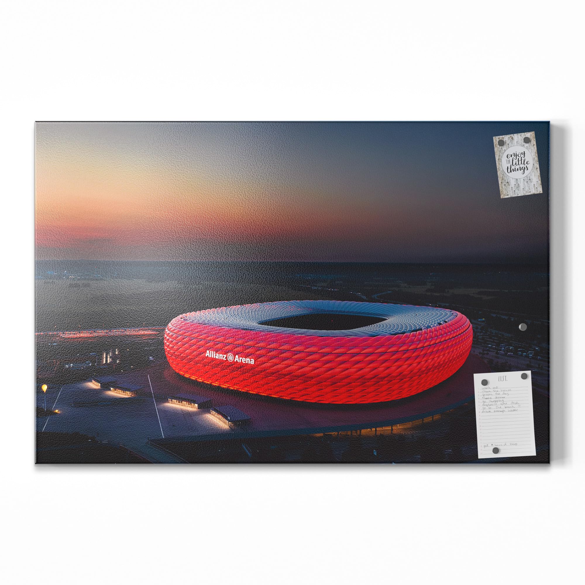 DEQORI Metalowa tablica magnetyczna, wymiary 90 x 60 cm, motyw "Allianz Arena, Monachium", tablica suchościeralna na wszystkie magnesy, tablica magnetyczna do kuchni i biura, designerska tablica do