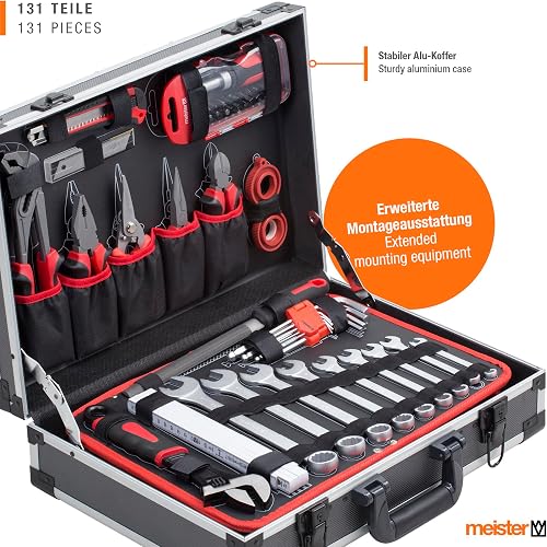 Meister 8971470 Mallette à outils solide en aluminium 131 pièces pour la maison, le garage et l'atelier, remplie professionnellement, boîte à outils complète avec outils - 2