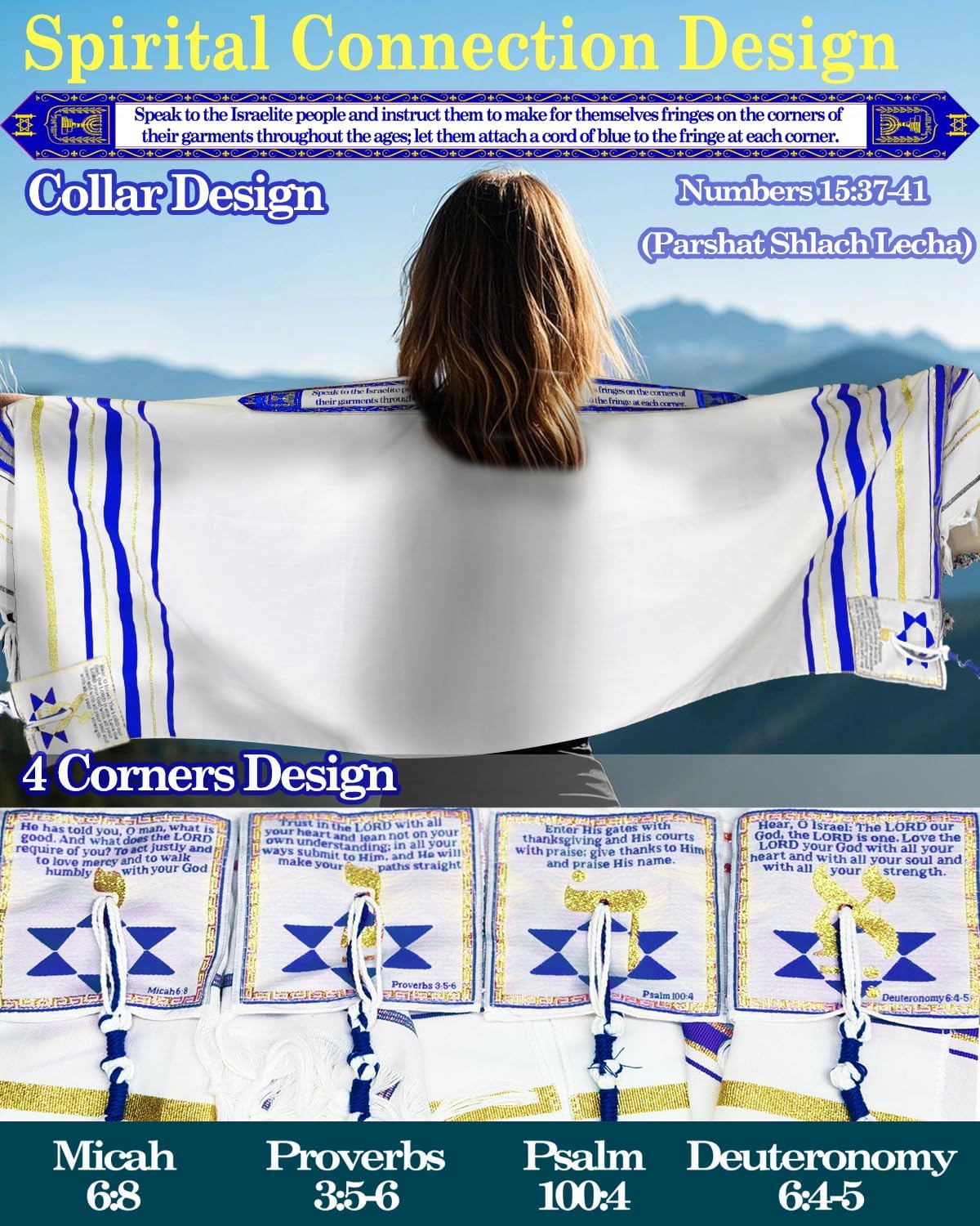 Tallit Prayer Shawl 72"x 22" with Bag & Pre-Attached Tzitzits For Men & Women, Tallit Torah-Inspired Design thumbnail