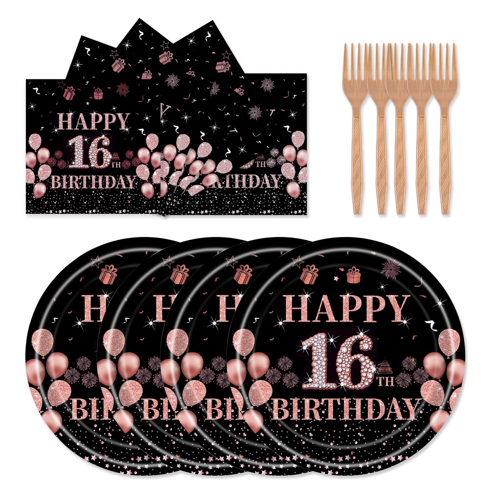 Xjoviative 72 Pcs 16th Birthday Party Supplies Paper Plates and Napkins, Black Rose Gold 16th Birthday Plates Napkins Tableware Set for Girls Cheers
