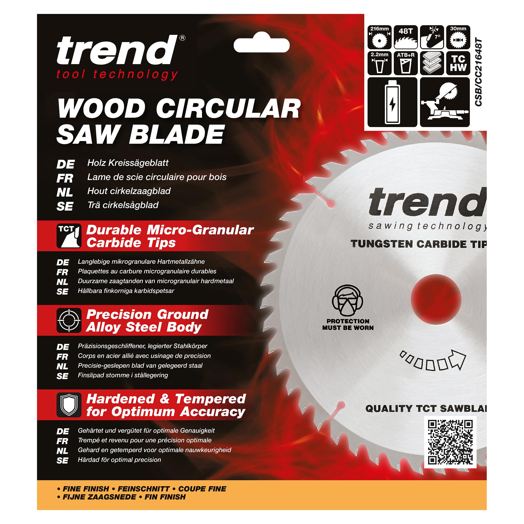 Hoja de sierra ingletadora ATBR inalámbrica para madera Trend, 216 mm de diámetro, orificio de 30 mm, 48 dientes, corte de 2,2 mm, gancho de +7°, TCT, acabado fino, CSB/CC21648T