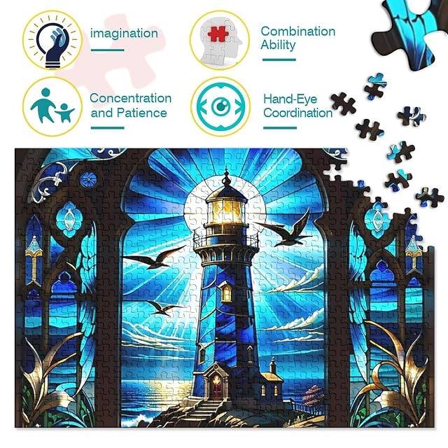 Foto 3 de 8 de Rompecabezas de 1000 Piezas de un Faro en vidrieras. Faro en vidrieras para Adultos. Juego Educativo. Hermosa…
