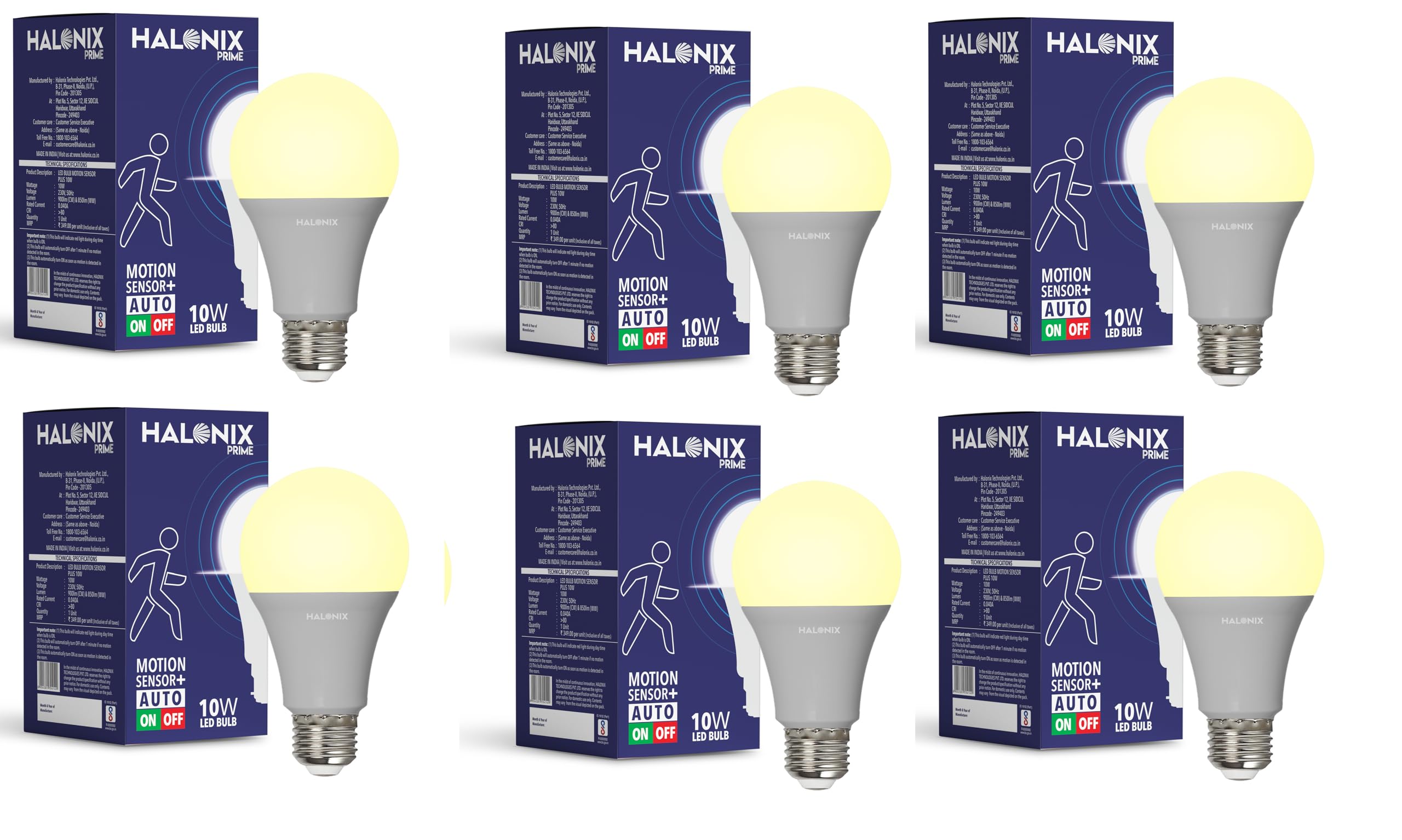 Halonix 10W Motion Sensor Led bulb | Color-Warm White Yellow | Auto on- Auto Off light | Motion sensor light | Pack of 6 | Base-E27 Screw Type | Covers Upto 15 Feet Area|