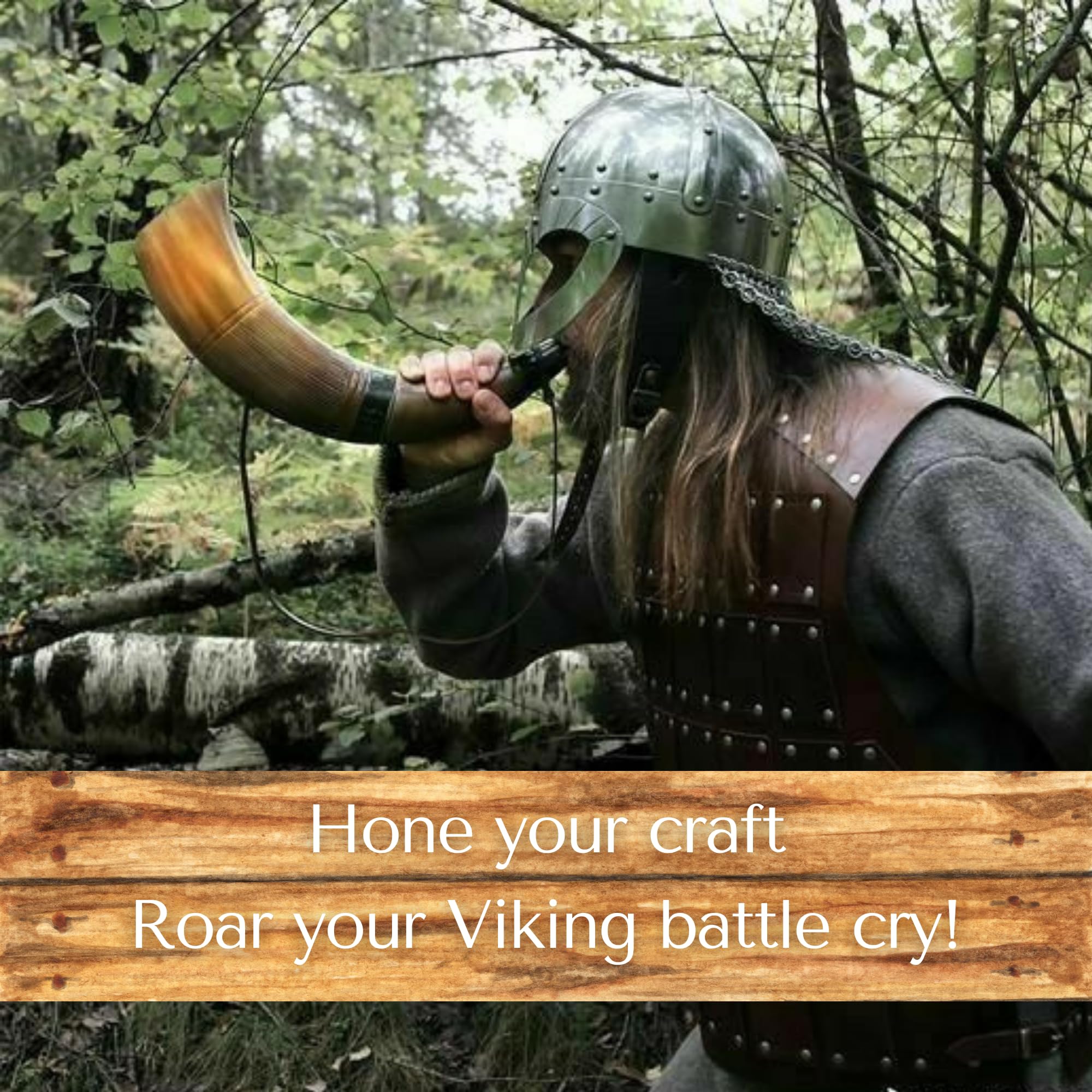 Cuerno de guerra vikingo tradicional con correa de piel, diseño celta decorativo de cuerno de guerra vikingo, 45,7 cm, trompeta de combate de cuerno de buey de primera calidad