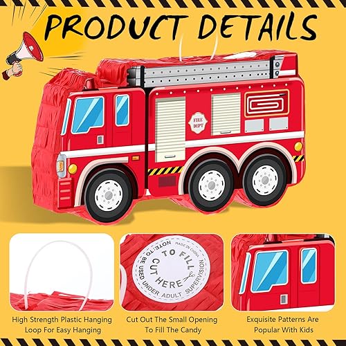 Miniatura 3 de Piñata de camión de bomberos con lazo para colgar, murciélago y relleno de confeti para niños y niños, suministros de decoración de fiesta de