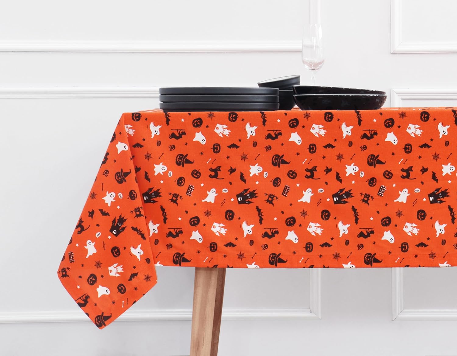 PurpleEssences Orange Black Halloween Tablecloth, Rectangle Halloween Party Tablecloth Decoration, 60x84 Inch Machine Washable Cotton Table Cover, Haunted House