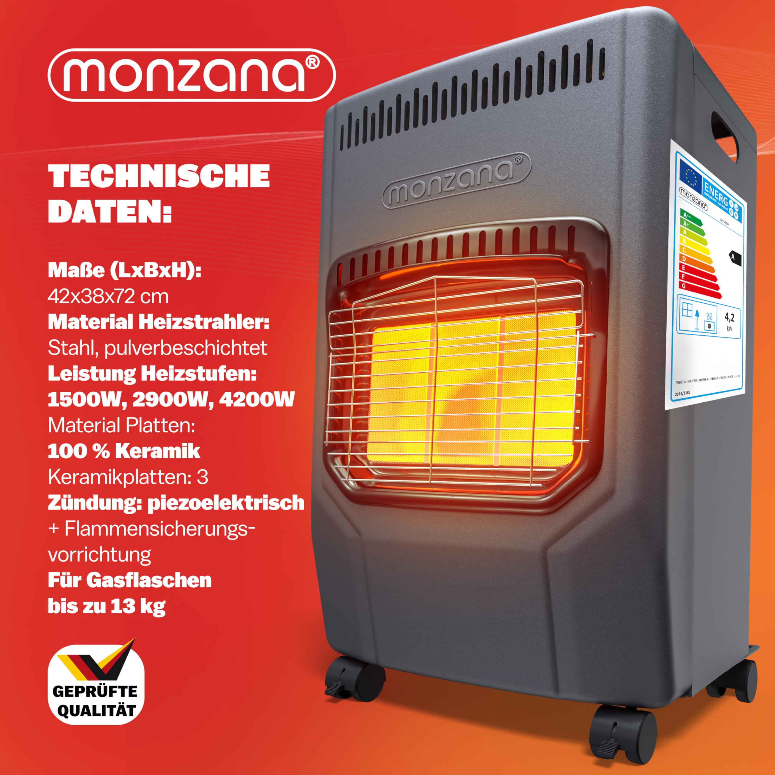 MONZANA® Gasheizung GH4500 Innenräume 4200W Gasofen 3 Heizstufen inkl. 50cm Gasschlauch Gasdruckregler Keramikheizplatten Camping Gasheizofen mobil