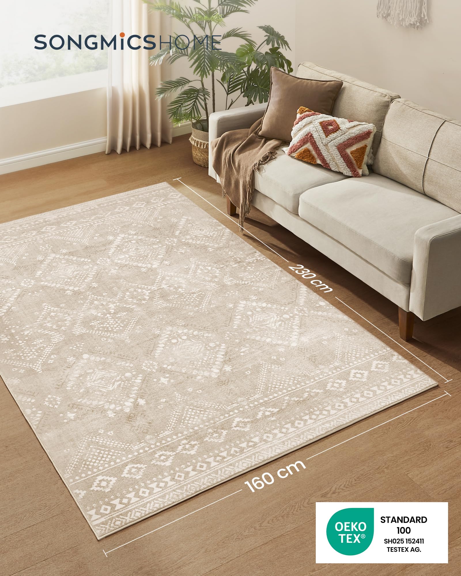 SONGMICS Home Tapis Décoratif, Tapis de Chambre 160 x 230 cm, Antidérapant, pour Salon, Lavable en Machine, Style Bohème, Beige Cappuccino TAR029K01V1