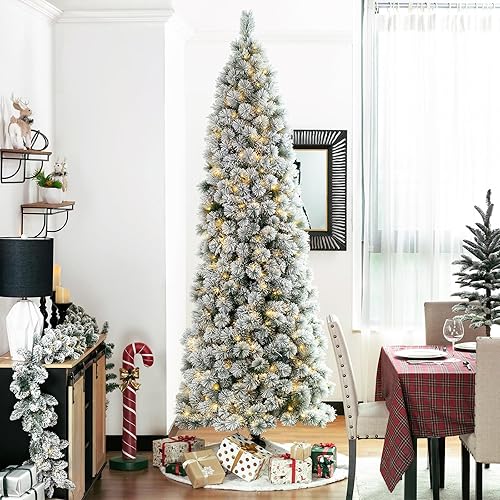 Vista 10 de Glitzhome Prelit Christmas Tree, 6ft Flocked Artificial Christmas Tree Serene Snowscape Fir with 300 Warm White Lights for Home, Office, Party