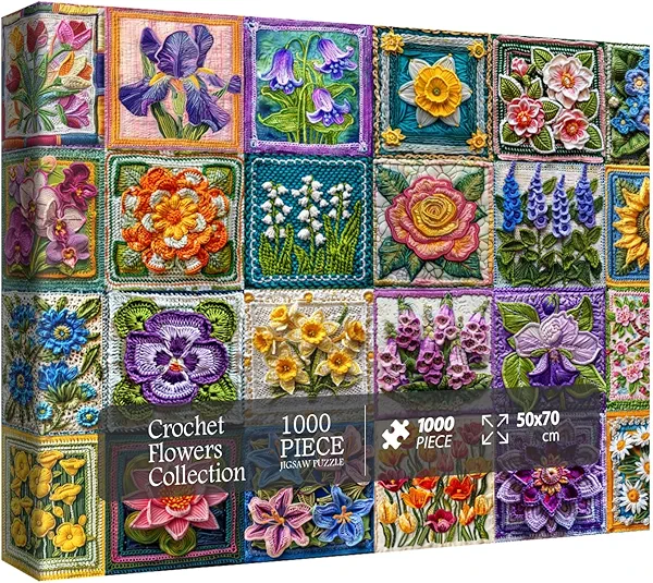 Colorful Flower Plant Puzzles for Adults 1000 Pieces Nature, Beautiful Collage Spring Floral Crochet Art Jigsaw Puzzles, Pretty Sunflower Rose Daisy Knitting Puzzle