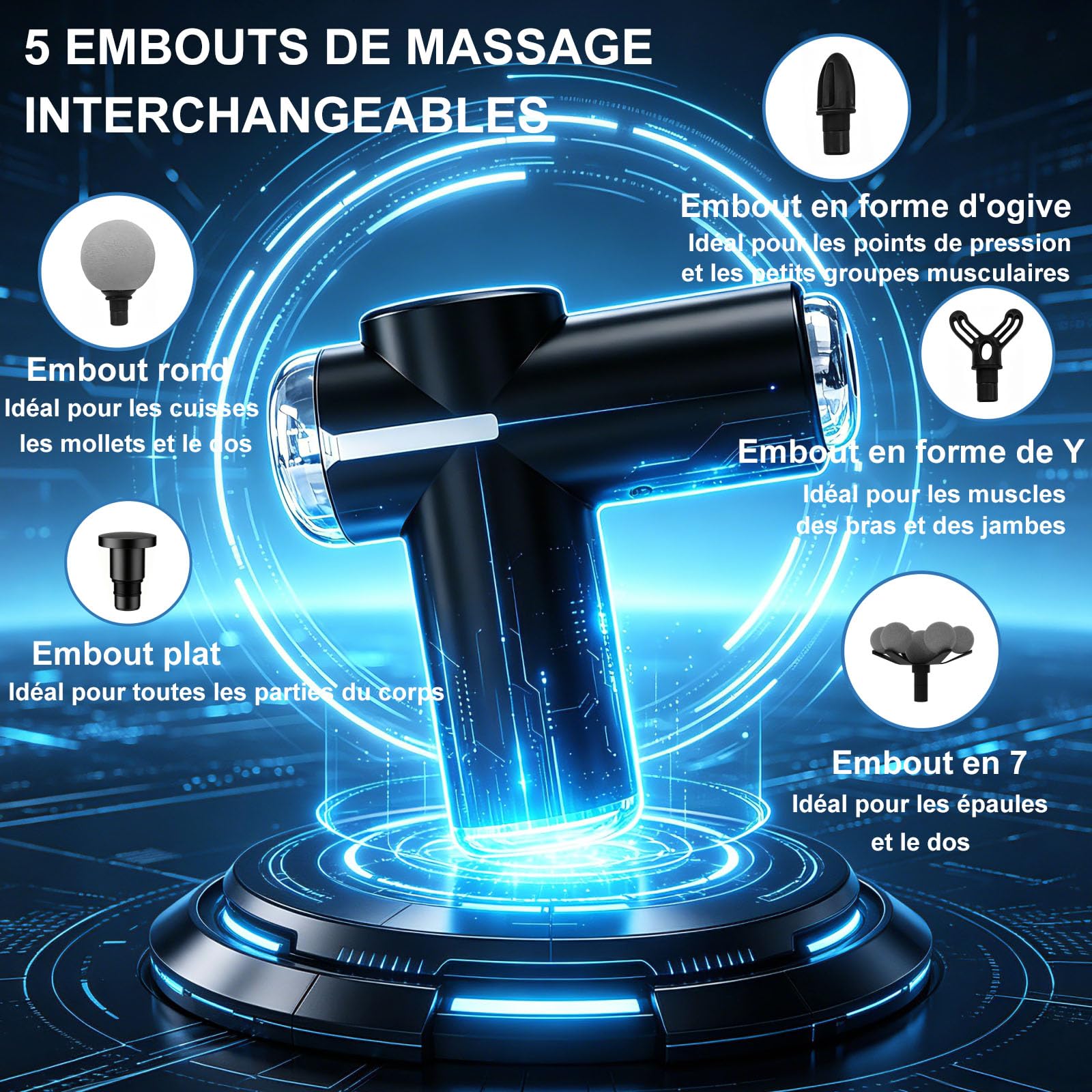 Masseur de tissus profonds, masseur musculaire avec 6 vitesses et 5 têtes de massage, portable, silencieux, pour détendre le corps, le dos et les épaules (noir)