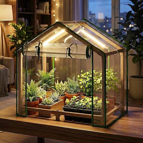 Bamworld Mini Greenhouse Indoor Desktop with Grow Lights, Reusable Portable Small Grow Tent with PE Cover and Ventilation Window