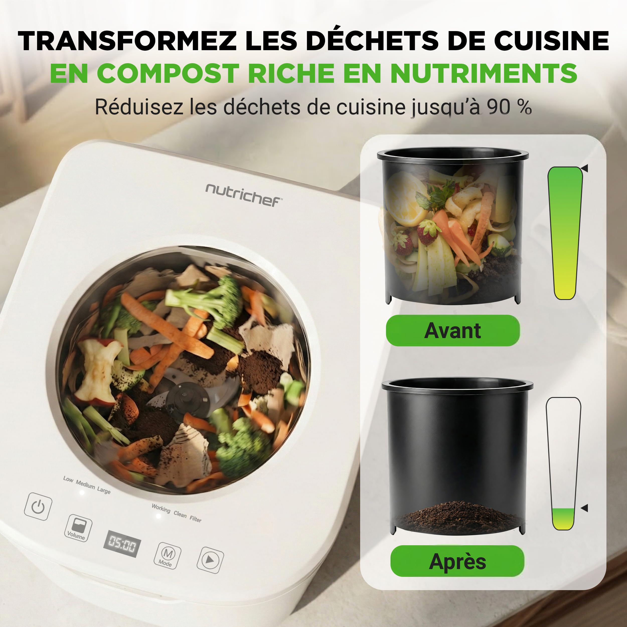 NutriChef composteur électrique de Cuisine 3,8 L – Composteur Intelligent de comptoir avec 2 filtres à Charbon Anti-odeurs, 3 Modes automatiques, Usage intérieur, Blanc