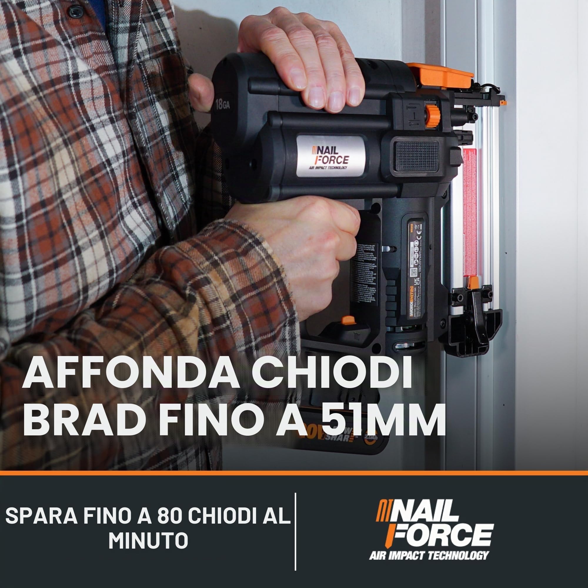 Chiodatrice a batteria 20 V - 18 GA | Worx | PowerShare | WX842.9 | Chiodi da 1,2 mm e fino a 50 mm di lunghezza