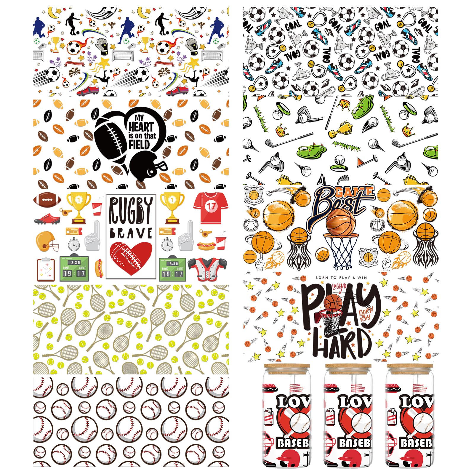 UV DTF Transfer Cup Wrap - 10 Sheets Sports UV DTF Cup Wraps for 16 oz Glass Cups, Waterproof Football Baseball Basketball UV DTF Transfer Stickers,