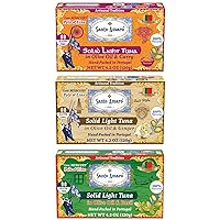 Vista 1 de SANTO AMARO - Juego de 3 sabores de atún silvestre artesanal en aceite de oliva (4.23oz cada uno), curry de cúrcuma, albahaca natural y jengibre