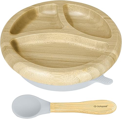 Miniatura 7 de Abiie Octopod - Plato de bambú para niños de 4 meses en adelante, platos para bebés de 3 compartimentos con succión, plato redondo de bambú para