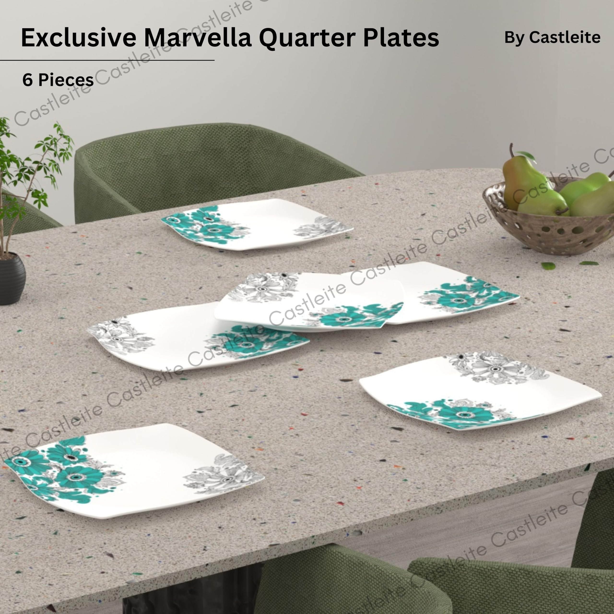 Castleite Marvella Melamine Quarter Plates Set of 6 for Serving - Size - 8', Edgy Square, Unique Design, Break Resistant for Home, Kitchen, Restaurant, Party - Dishwasher Safe (Teal Blue)