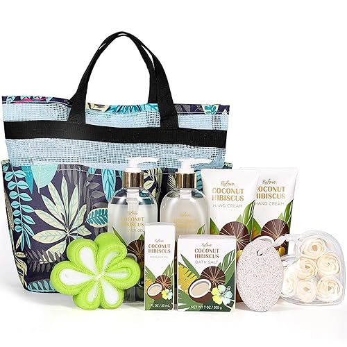 Juego de baño y cuerpo, regalos de spa para mujeres, kit de regalo de 10 piezas de coco para mamá, incluye sal de baño, aceite de masaje, baño de