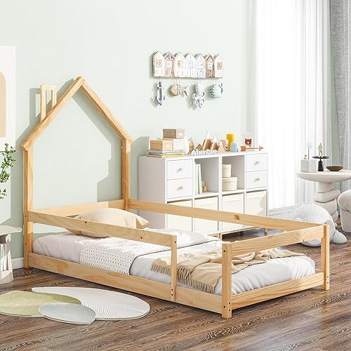 Miniatura 16 de SOFTSEA Base de cama completa para niños, plataforma de madera para casa, marco de cama para niños, necesita somier, fácil de montar, gris Natural