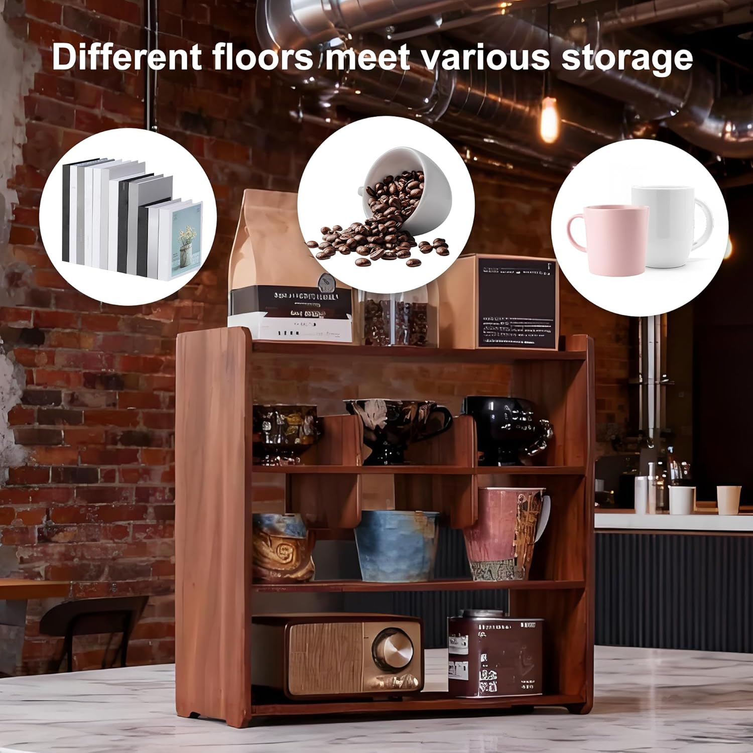 Coffee Cup Holder for Countertop Walnut Wood Coffee Mugs Holder for Kitchen Mug Display Rack (4-Tier Walnut wood B)
