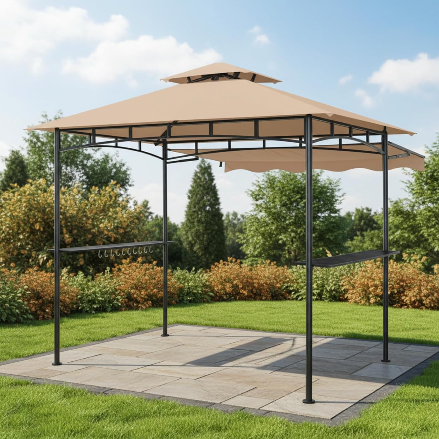 Garden Winds Reinforced RipLock 350 Replacement Canopy Top Cover Compatible with Charmeleon 2 Tiered 8' X 5' Grill Gazebo Model AHGUS-CM-G85-BR - Beige