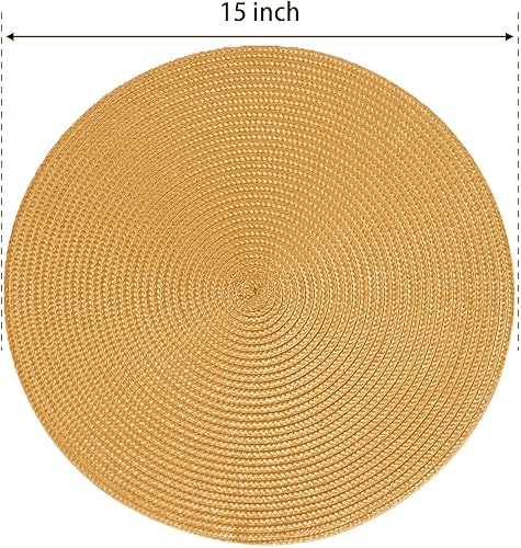Miniatura 2 de FunWheat Juego de 6 manteles individuales redondos trenzados para mesas de comedor, tejidos, lavables, antideslizantes, 15 pulgadas (amarillo