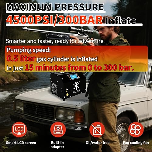 Miniatura 4 de TUXING Compresor de aire PCP de 4500 psi, compresor de alta presión de parada automática ajustable, versión de pantalla LCD, equipado con sistema de