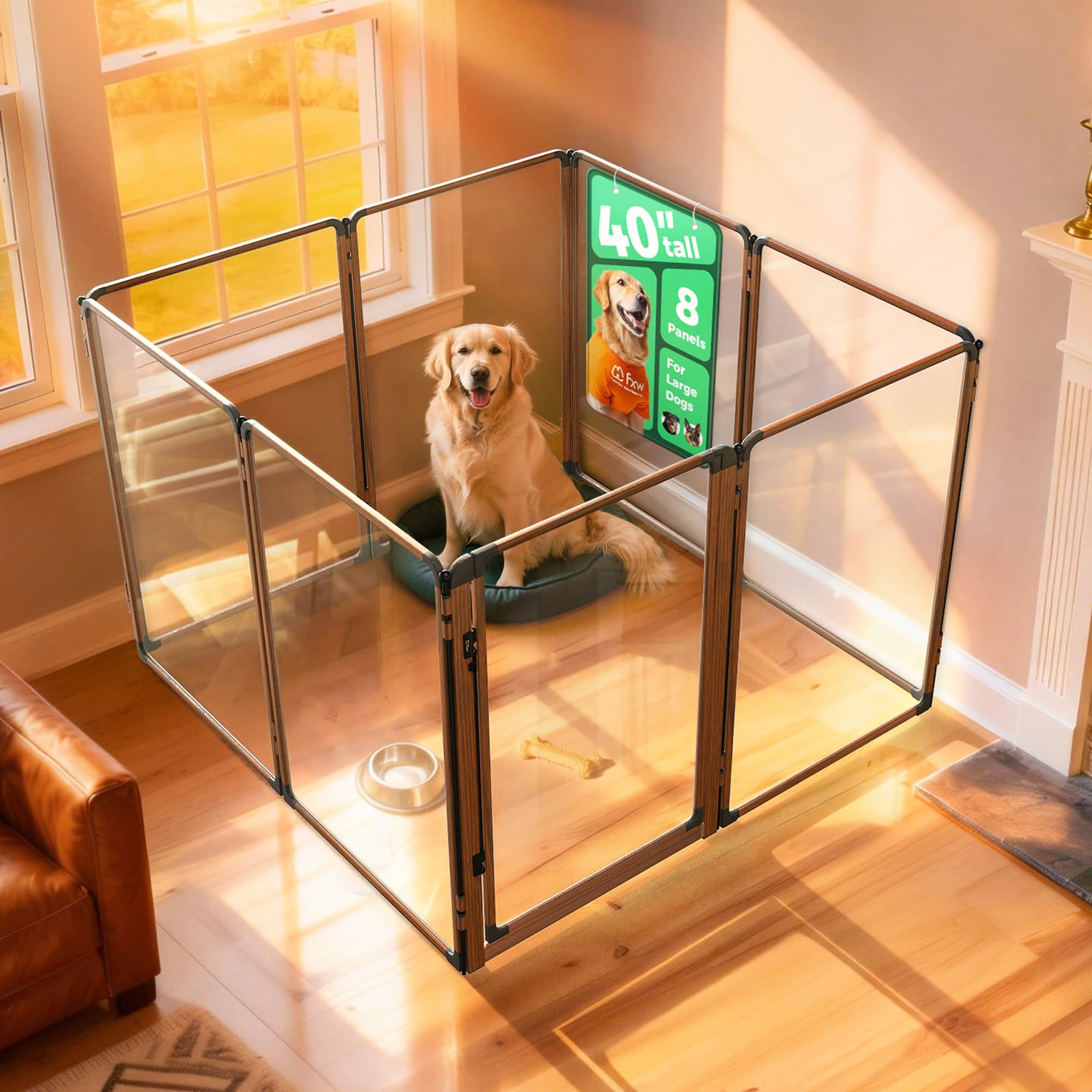 FXW AuraSpace Pro Clear Acrylic Indoor Dog Playpen, 40" H, 8 Panels