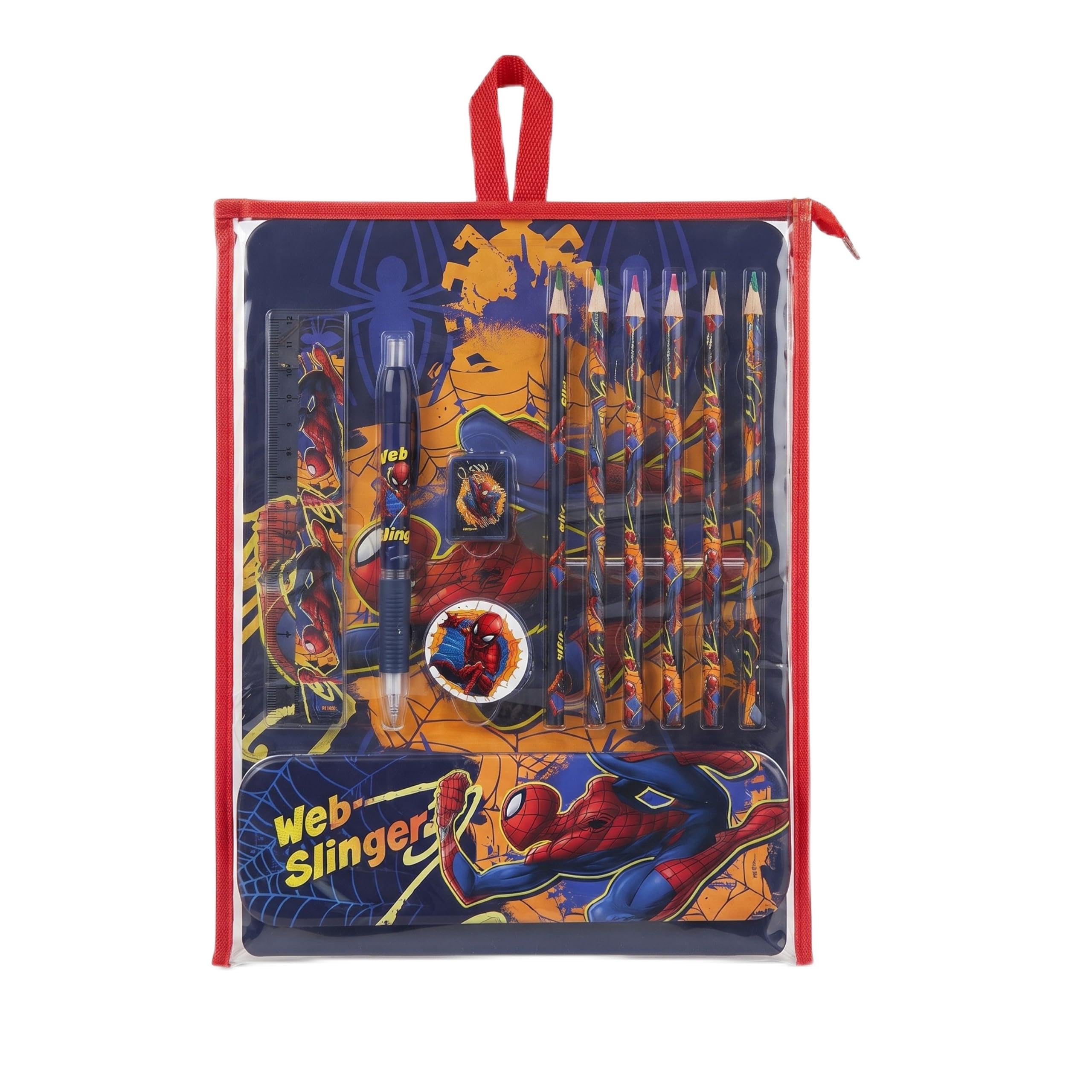 SRV Hub Spiderman 12 Piece Bumper Stationery Set with Reusable Bag - Kids School Supplies Bundle, Superhero Pencil Set, Back to School Essentials, Homework Writing Tools, Classroom Accessories 3+