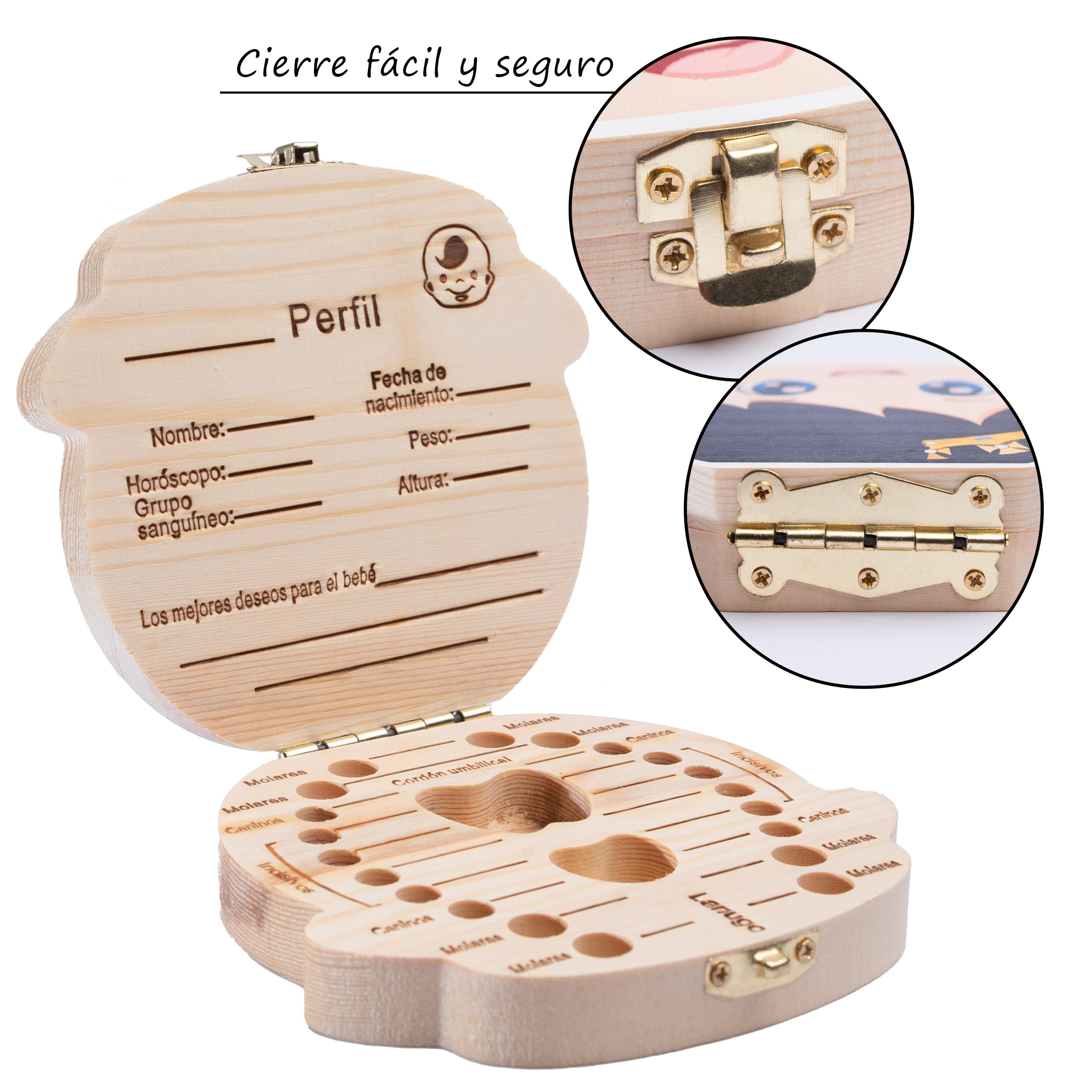 Pack Puerta Ratoncito Perez + Caja Dientes de leche Niño Niña. Caja Recuerdos Bebe. Madera de Calidad (Niño)
