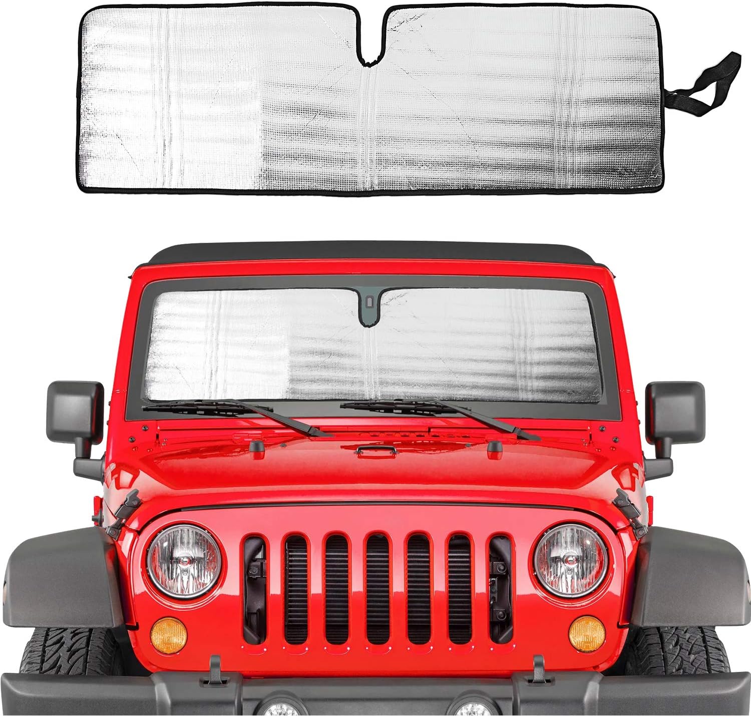 Savadicar Windshield Sun Shade for 1997-2018 Jeep Wrangler TJ JK JKU, Sunshades Heat Shield, Aluminum Foil Triple Laminate Structure, Silver