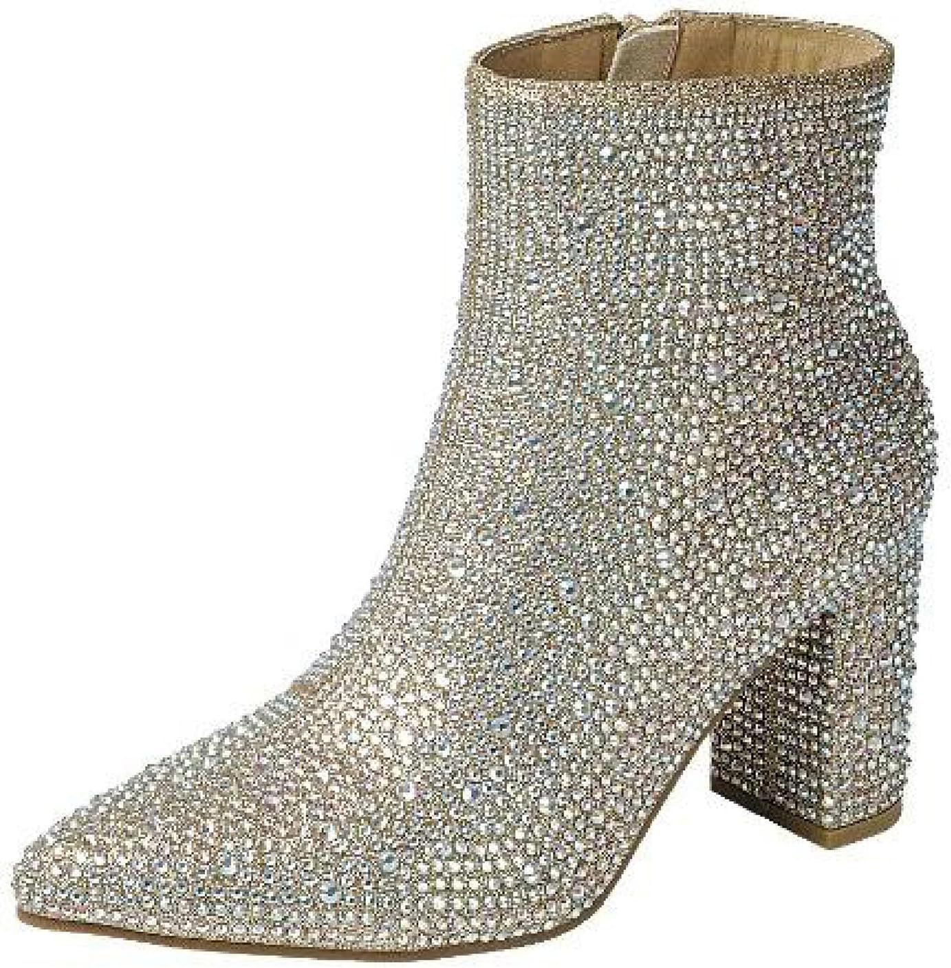 Women Rhinestone Block Chunky Heel Ankle Bootie
