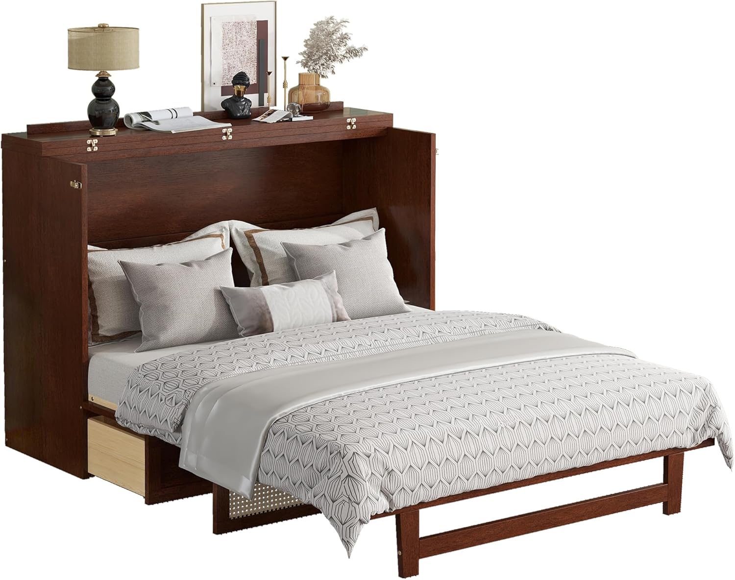 Retro Rattan Queen Size Murphy Bed Cabinet with Storage Drawers, Hidden Foldable Platform Bed, Space Saving for Small Room, Kids Adults Guest, Walnut
